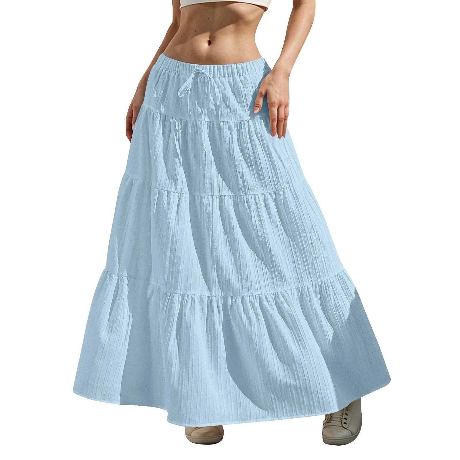 Women's Flared Ruffle Hem Maxi Skirt Fashion Women Solid Long Skirts Elastic Waist Elegant Long Skirt Spring Summer Cake Dress