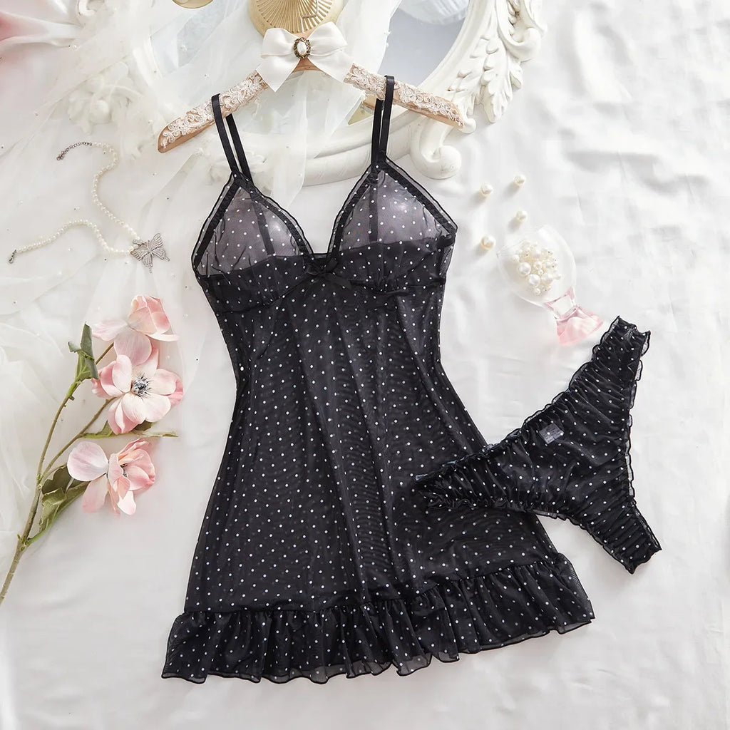 Polka Dot Mesh Babydoll Lingerie Set Strap V Neck Ruffle Hem Bodycon Dress Women's Butterfly Knot Cross Border Sheer Dress