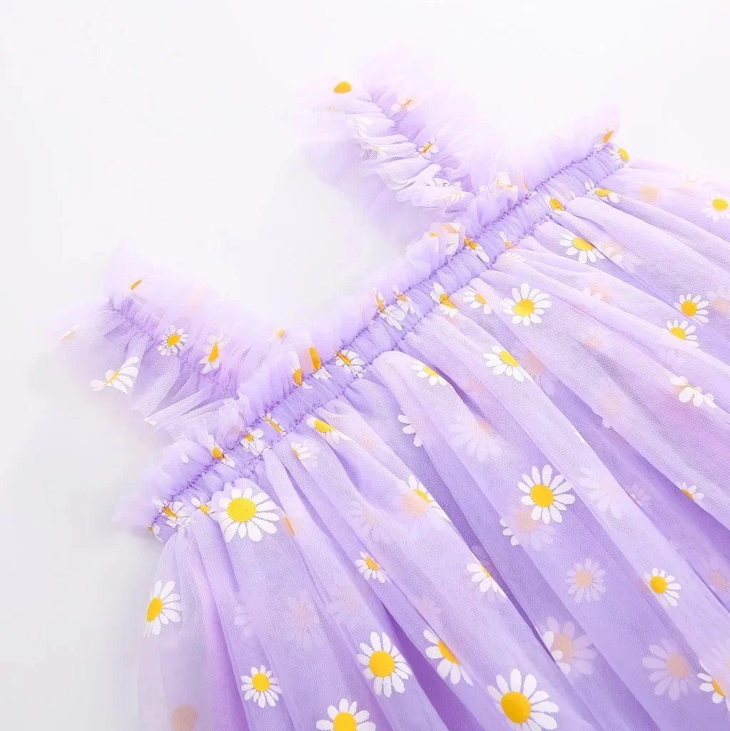 Toddler Girls Summer Sling Dress Sleeveless Daisy Print A-Line Tulle Princess Dress Kids Birthday Party Skirt Cute Baby Clothes