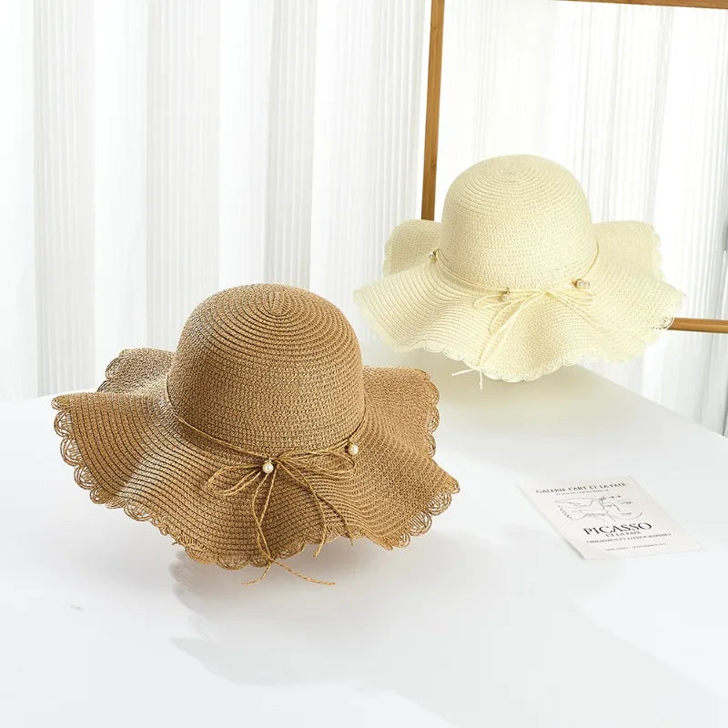 Summer New Children's Sun Hat Kids Wave Large Brimmed Straw Hat and Bag Sets Girls Sunscreen Beach Hats Baby Hand-knitted Cap
