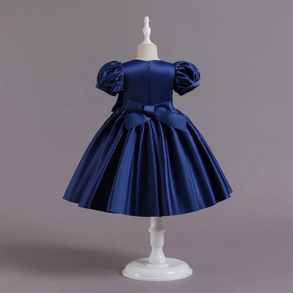 Golden Bow Satin Girls Dress For Weddings Party Children's Pageant Ball Gown Kids Formal Evening Clothing 2-8 10 Years