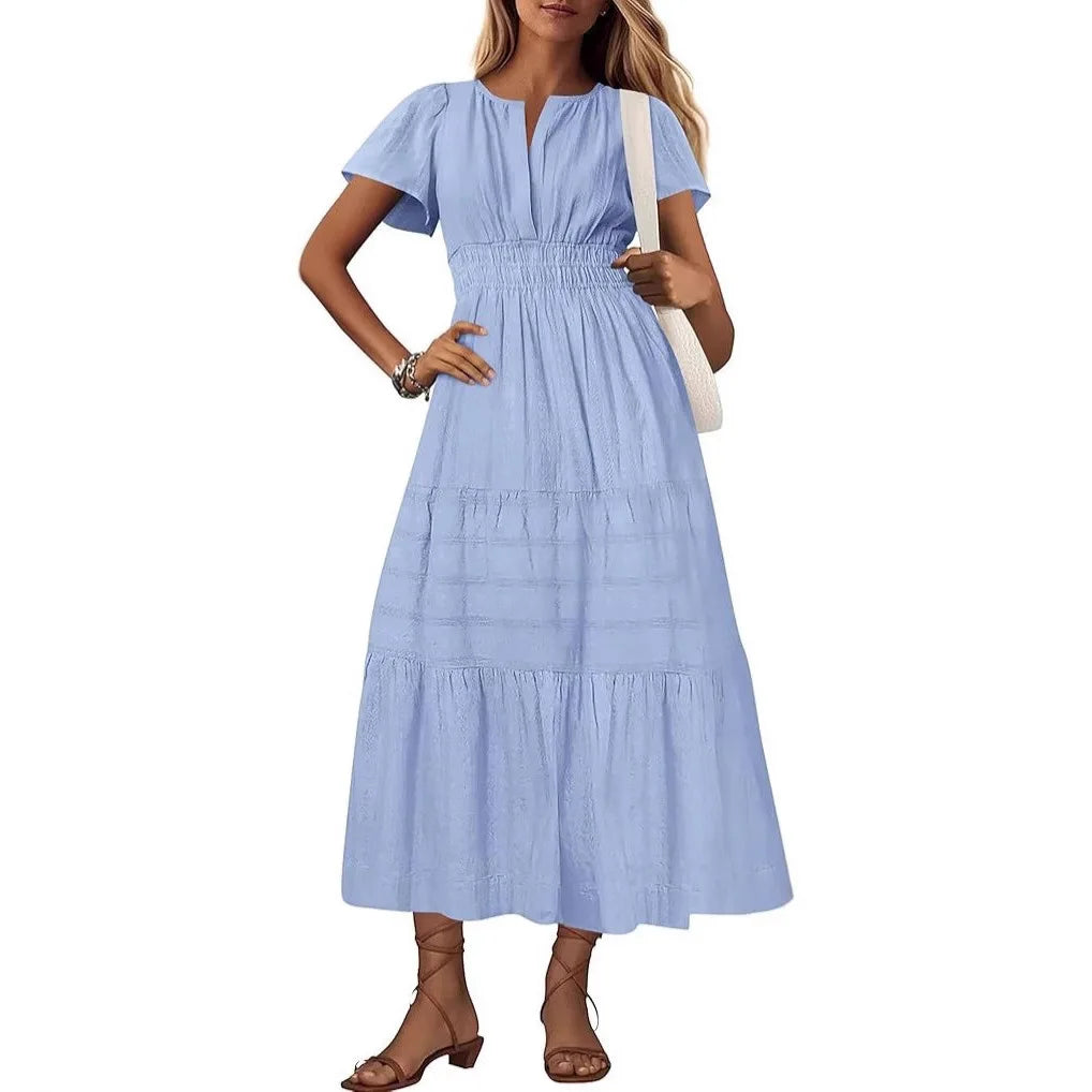 Summer Solid Color V-neck Tight Waist Dress French Style Elegant Pleated Large Swing Long Dress Casual Vacation Style Slimming M