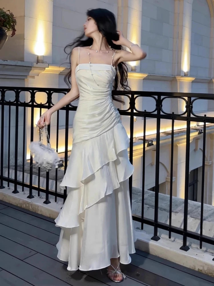 Elegant Women French Spaghetti Strap New Long Dresses Female Slim Chic Party Prom Robe Fashion One Piece Clothing Spring Summer