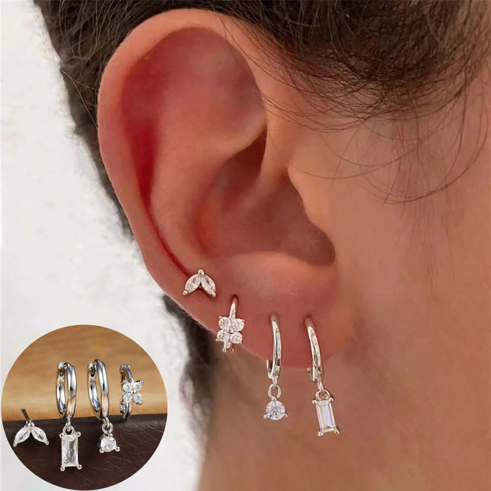Cubic Zirconia Flower Hoop Earrings 4 Piece Set 18K Gold Plated Stainless Steel For Women