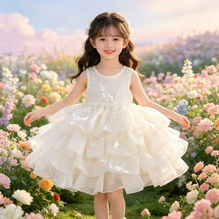 Girls Dress Temperament Princess Dress Sleeveless 2026 Summer New Girls Sequin Sweet Bow Puff Mesh Dress
