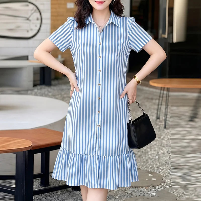 2026 Summer Striped Dress ZANZEA Women Elegant Work Dresses Short Sleeve Buttons Down Sundress Casual Holiday Knee Length Robe