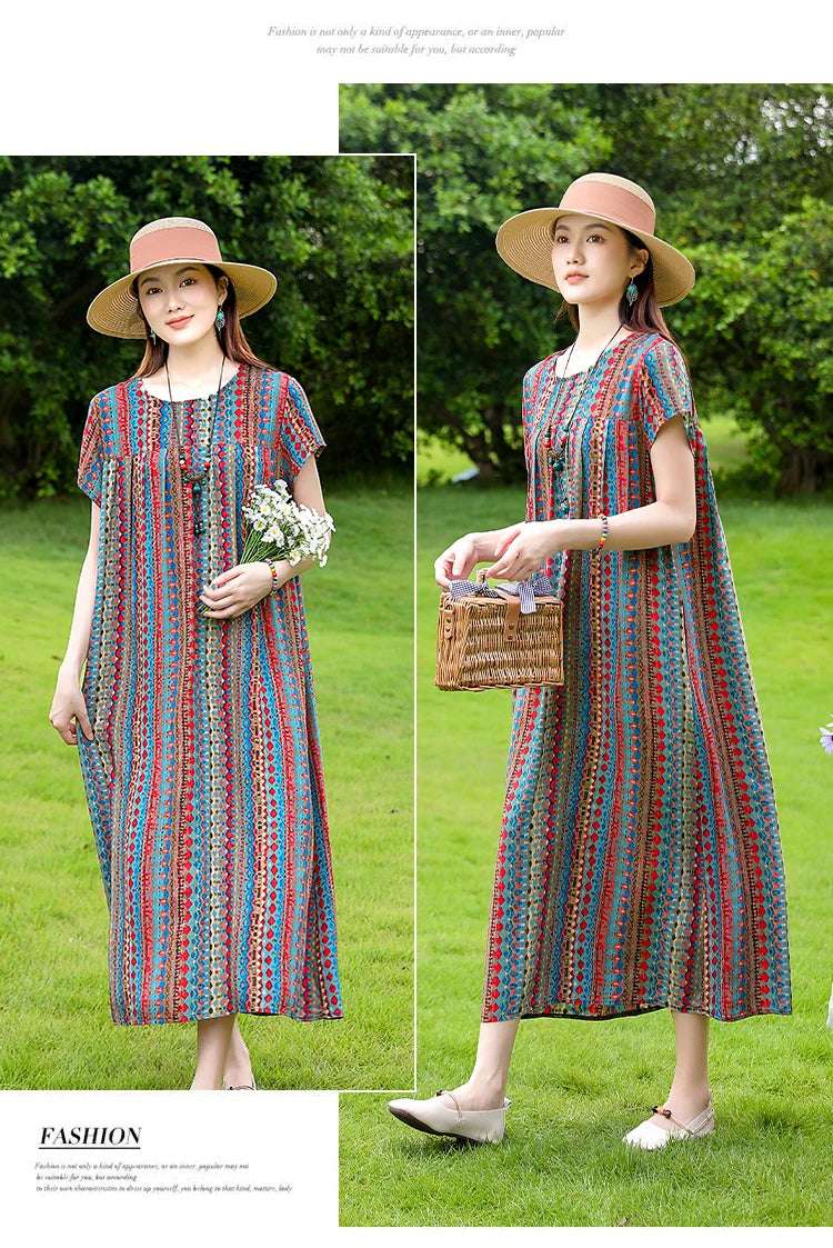 New Fashion Casual 2025 Summer Elegant Dresses For Women O-Neck Print Vintage Short Sleeve Dress Loose Women Clothing