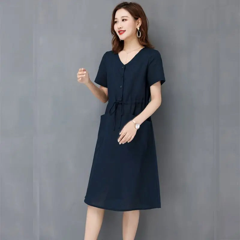 Elegant Cotton and Linen Women's Dress Draw String High Waist Breathable Midi Dresses Half Sleeve V-Neck A-Line Dress Summer