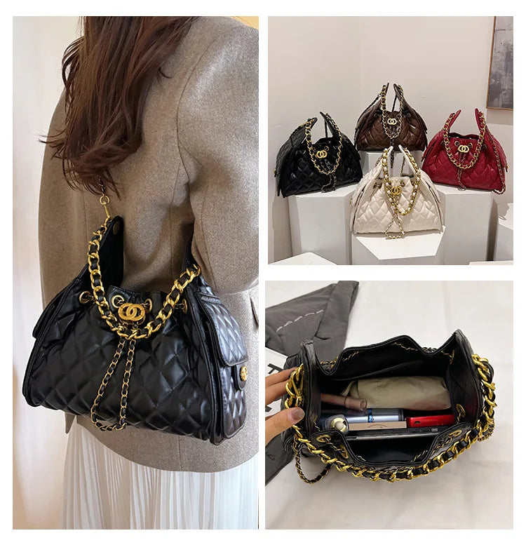 Quilted shoulder underarm bag, large-capacity hobo bag, bucket drawstring chain crossbody bag, women's handbag