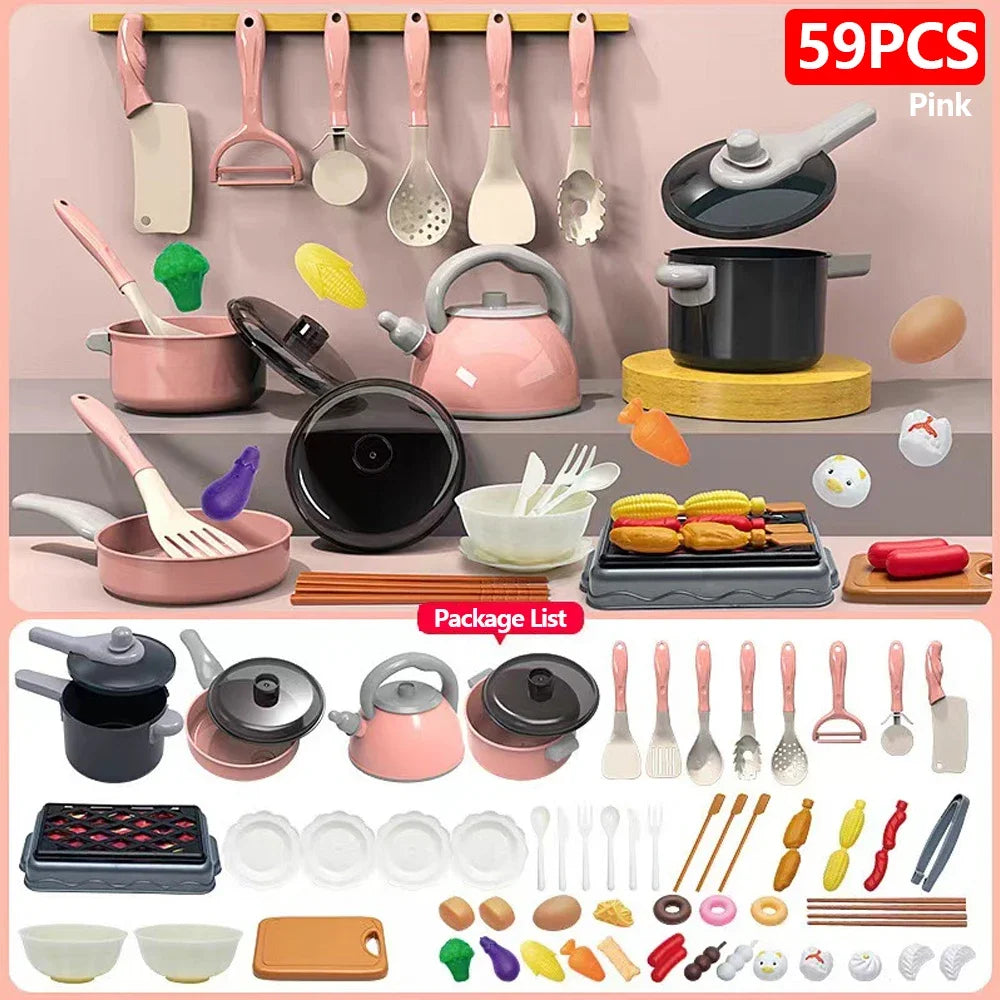 Juego de juguetes de cocina para niños de 92/69/59 piezas, kit de accesorios de cocina de juego con ollas de juego, comida de juguete de simulación, regalo para niñas y niños pequeños