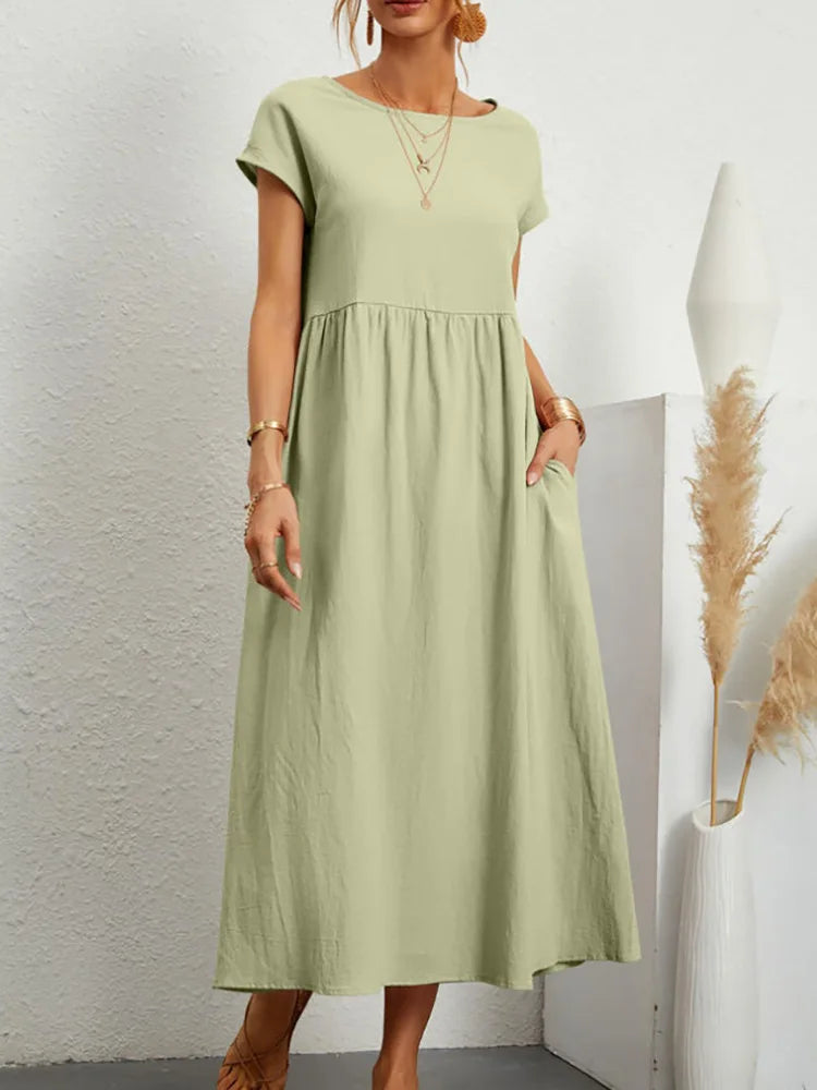 Premium Elegant Solid Cotton Linen Dress Summer Midi with Pockets Loose Fit Casual Crew Neck Short Sleeve for Beach Travel