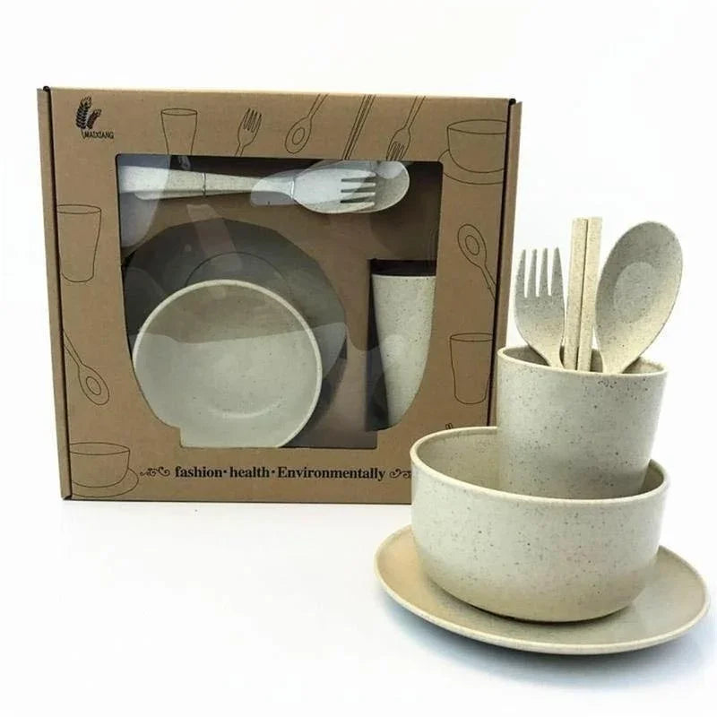 6 Pcs/Set Wheat Straw Baby Tableware Children Food Dishes Bowl Feeding Infant Learning Dinnerware Spoon Chopsticks Fork Cup New