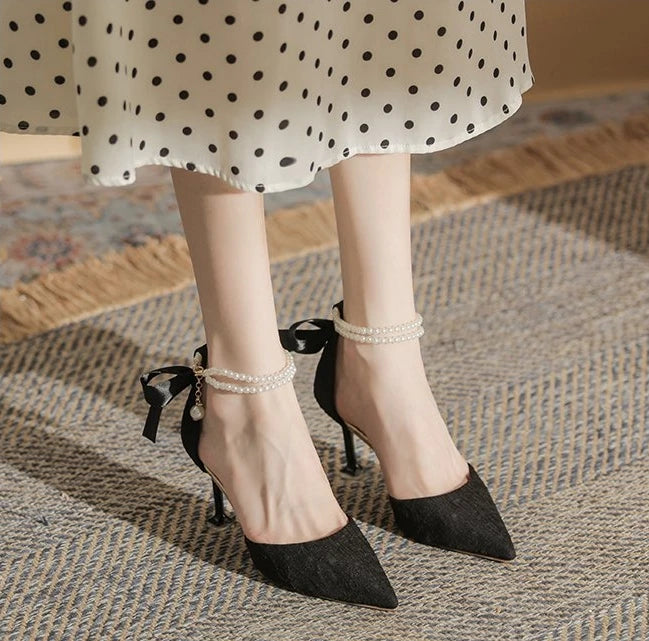 Fashionable high-heeled women's 2025 summer new pearl open-back evening dress stiletto style fairy-tale elegant single shoes