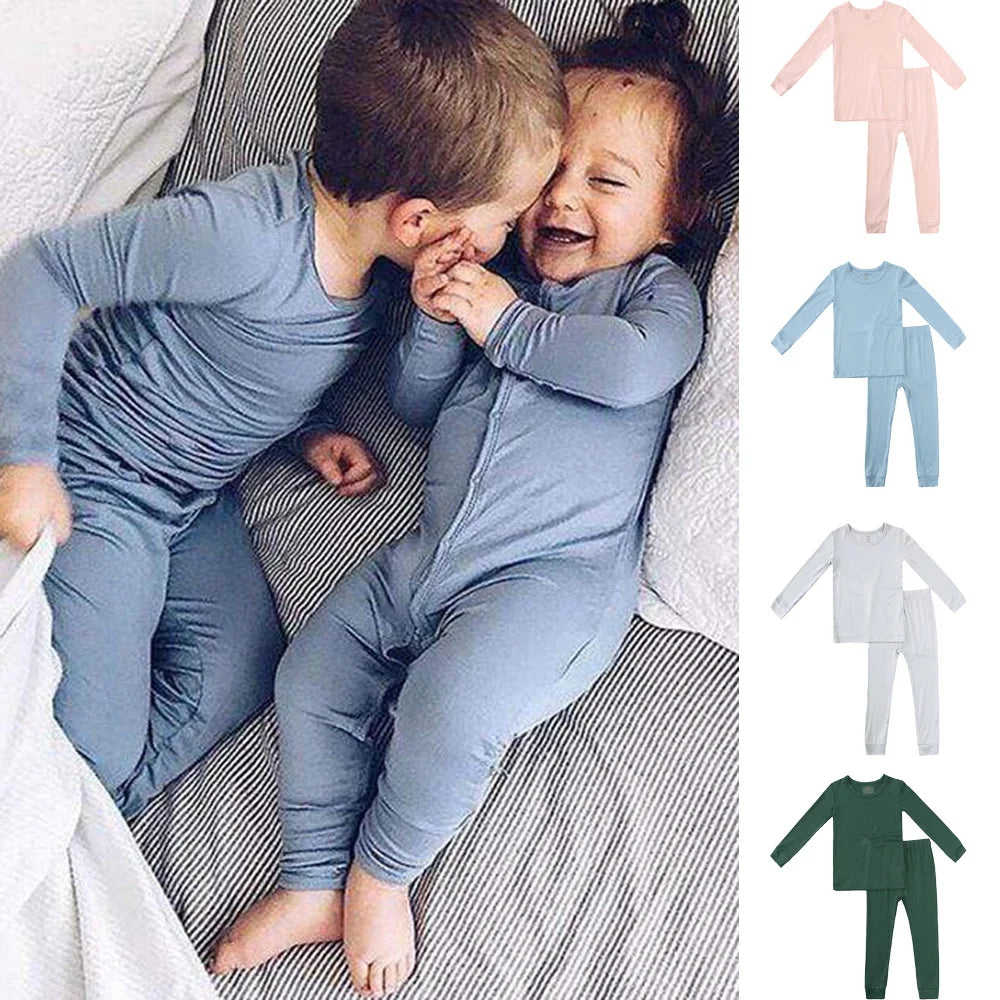 2026 New Arrivals Bamboo Fiber Toddler Baby Children's Pajamas Sets Suit For Girls Solid Long Sleeve Top+Pants Boys Sleepwear