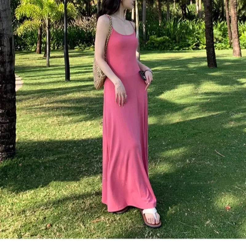 New Summer Sexy Celebrity Style Solid Color Dress for Women with Suspender Long Dress Slim Fit Temperament Vacation Casual Dress