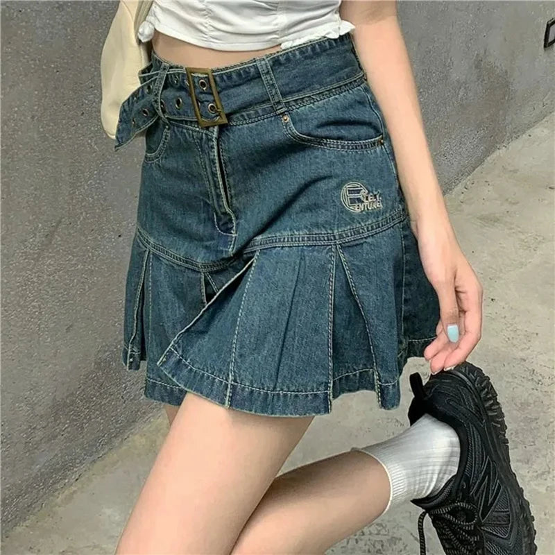 Korean Blue Denim Skirt Women Harajuku Y2K Pleated Mini Skirt Street Vintage Preppy Style High Waisted Embroidery Skirt