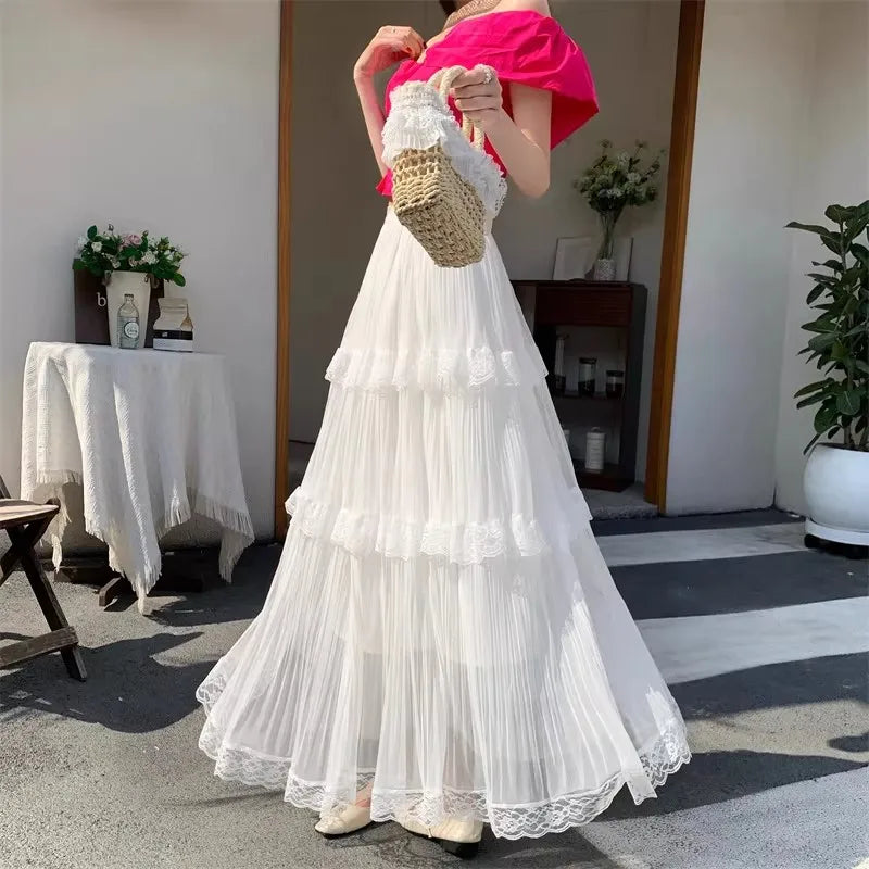 Retro Sweet White Long Skirt Women Casual Loose High Waist Elegant Skirt Vintage Lace Patchwork Korean Summer Long Skirts