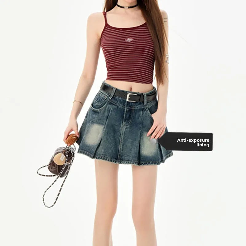 Trendy High Waist Pleated  Denim Skirt Women's Spring Summer New Lazy Style A-Line Half-length Jeans Skirts