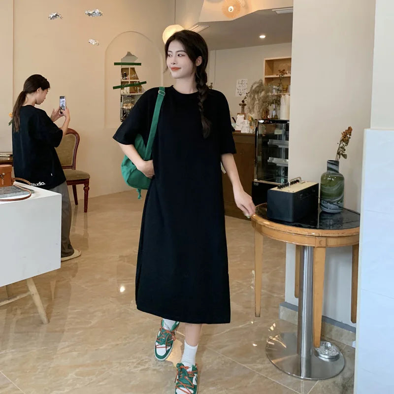 Women's Summer Plus Size Casual Dress 2026 New Loose Solid Color Knee Length Split Hem T Shirt Dress