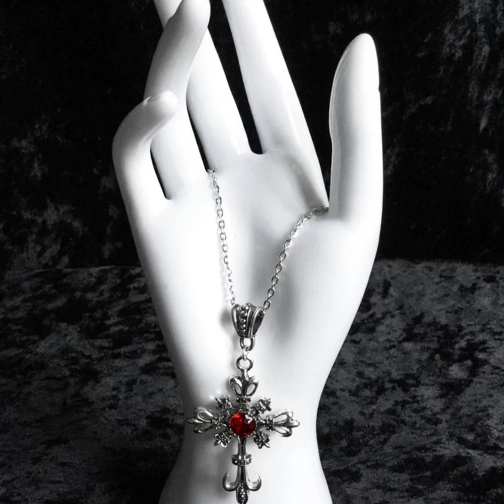 Gothic Black Ruby Cross Pendant Men'S Women'S'S Necklace European And American Retro Fashion Jewelry Gifts