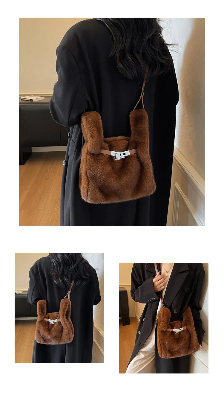 Fashionable Women's Bags Trend 2025 Faux Fur Shoulder Bags Plush Faux Mink Luxury Handbags Chic Crossbody Bag Solid Color Purses