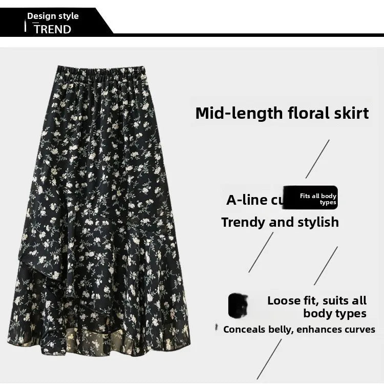 High Waist A-Line Floral Print Skirt Conceals Hip plus Size Women's Casual Long Skirt Comfortable Polyester Fabric Summer New...