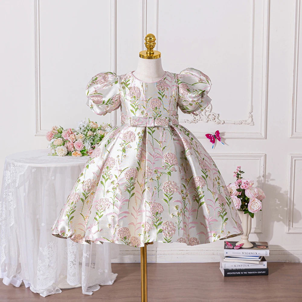 HETISO Girls Princess Dress Embroidery Flower Kid's Casual Dresses Puff Sleeve Children's Clothing 3-6 Years