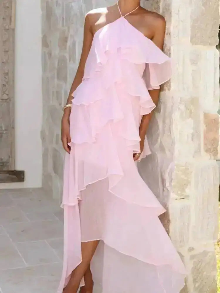 SHENGPALAE Women Maxi Dress Halter Cold Shoulder Chiffon Floral Elegant Party Ruffled Layered Irregular Summer 2026 New 05E02862
