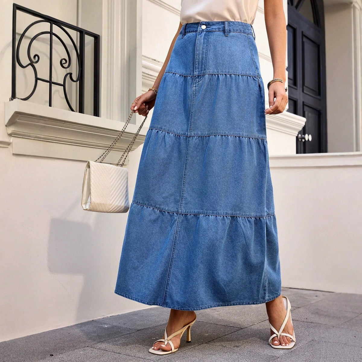 Maxi Skirts Boho Style Cotton Women's Skirt Femme High Waist Denim Skirts Mujer Vacation Bottoms A-line Layered Skirt Streetwear