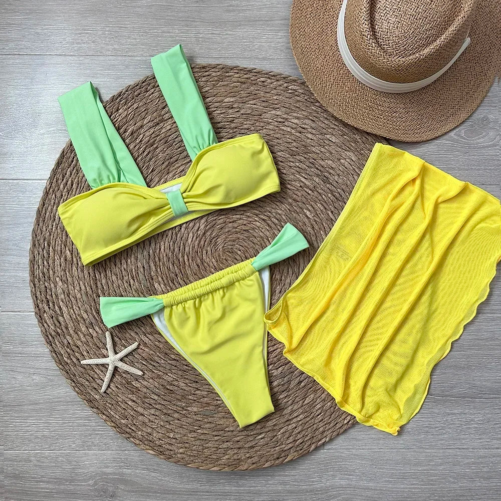 3 Piece Bikini Set With Mini Skirt Push Up Beachwear For Women Sexy Micro Thong Biquini