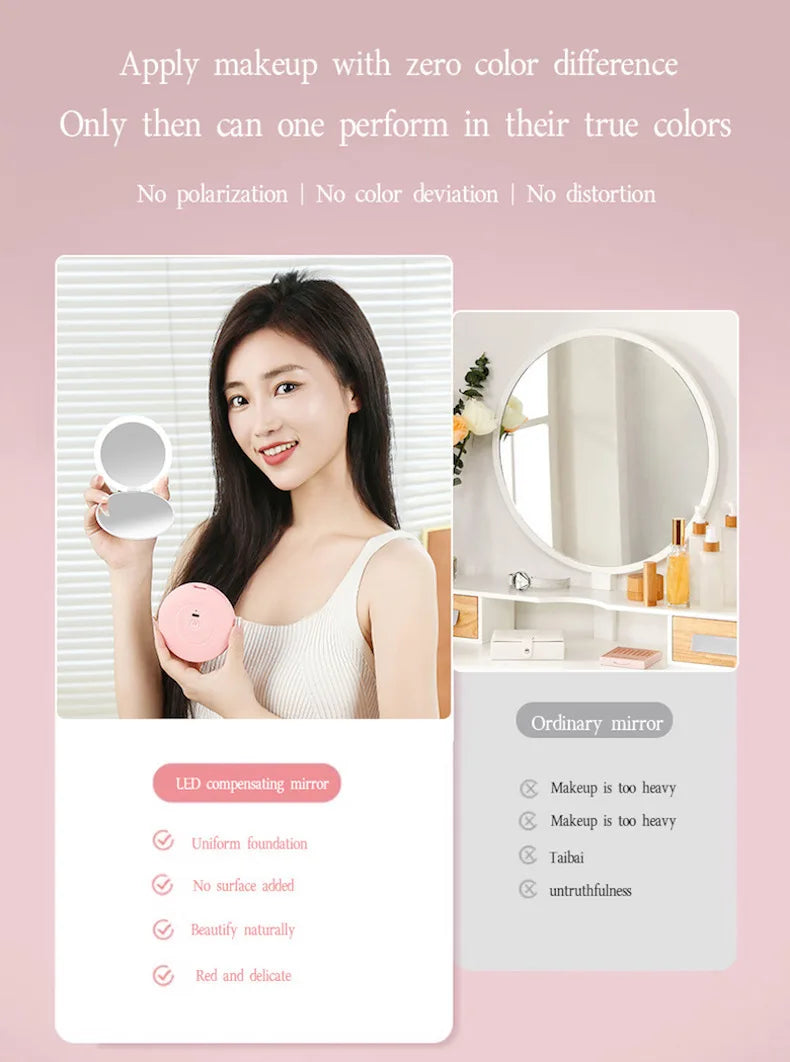 New Mini LED Luminous Makeup Mirror Round Portable Foldable Small Compact Mirror with Light USB Handheld Makeup Lighted Mirror