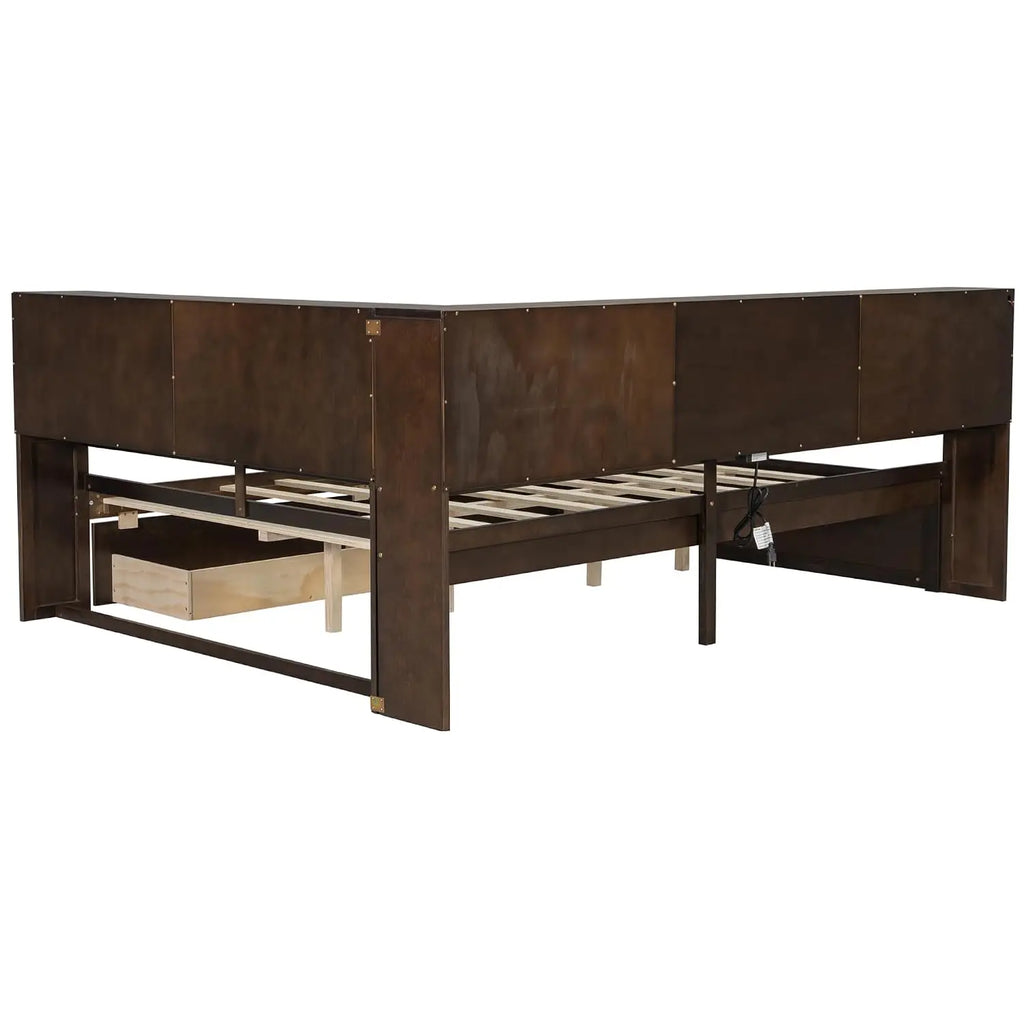 Queen Corner Bed with Storage Drawers & Bookcase, L-Shaped Daybed with LED & USB, Wood Frame for Living Room Bedroom, Customized