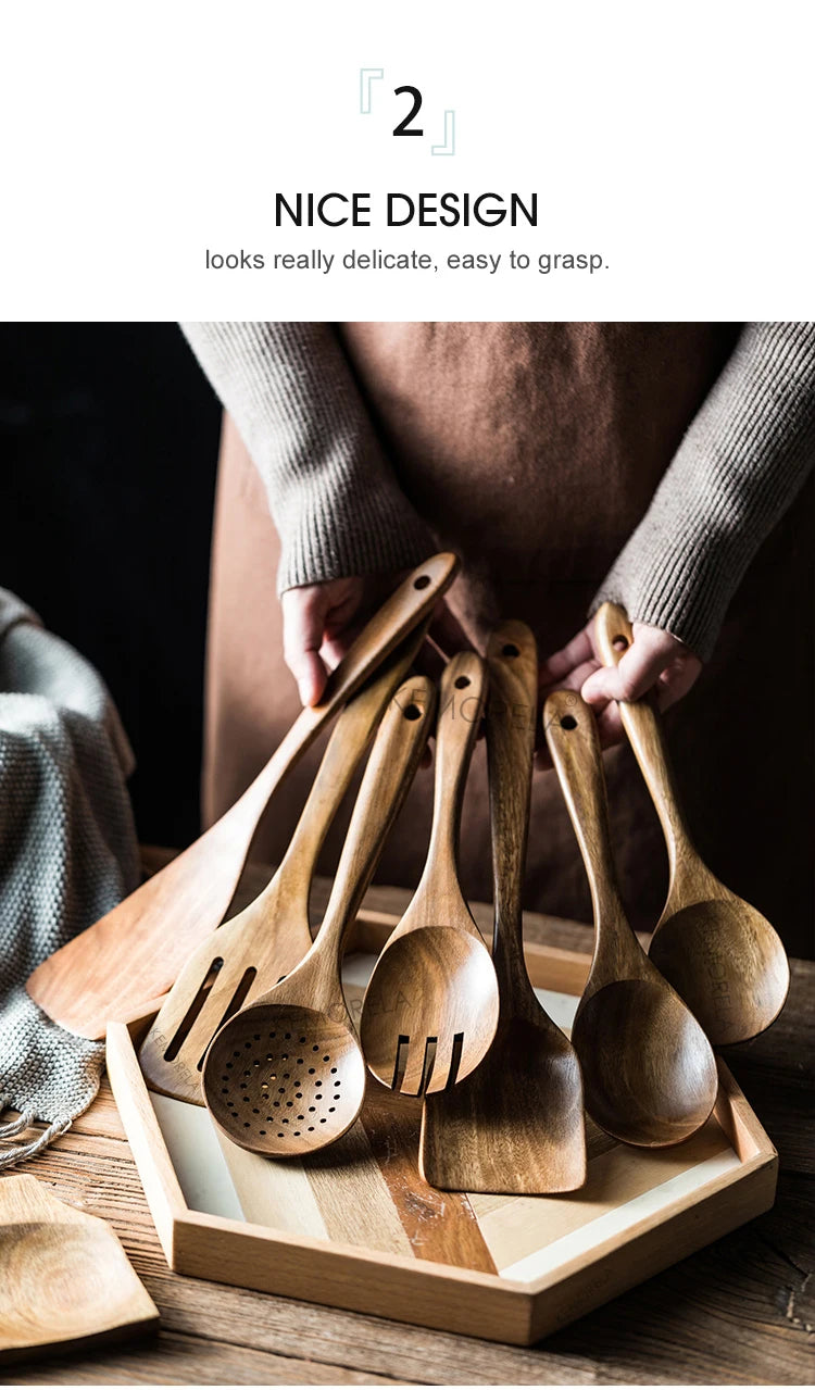 Cucharas de madera para cocinar de 9 piezas, utensilios de madera para cocinar con soporte para utensilios, juego de utensilios de cocina de madera de teca