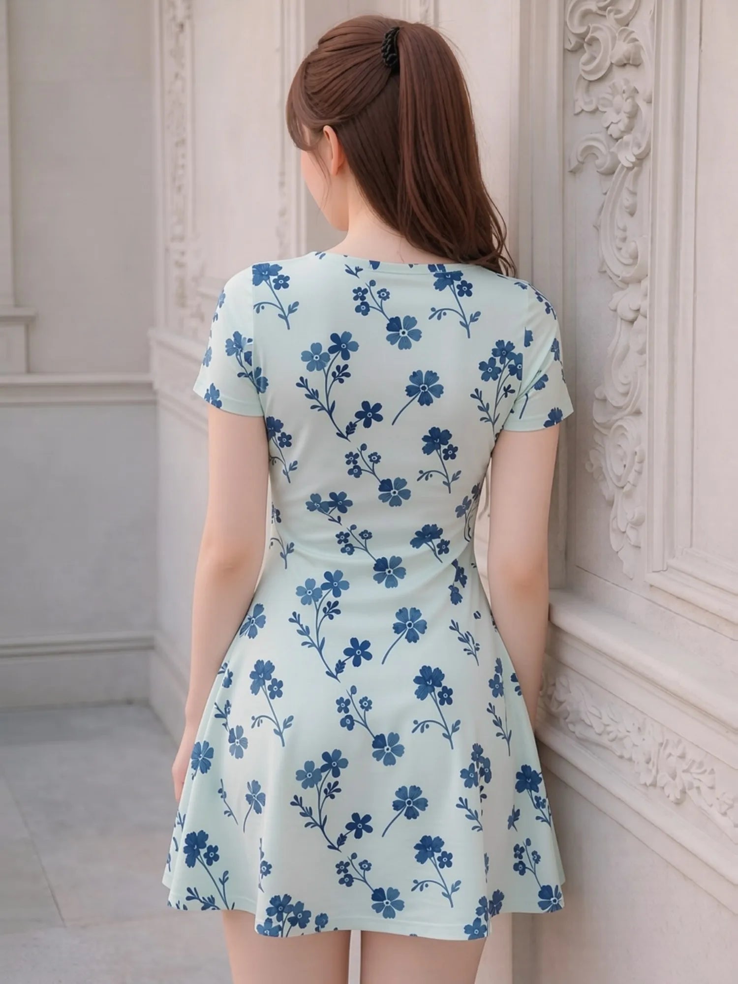 Floral Print Womens V Neck Short Sleeve A Line Dress Relaxed Fit Summer Mini Dress for Casual Days Vacation Trips and Gatherings