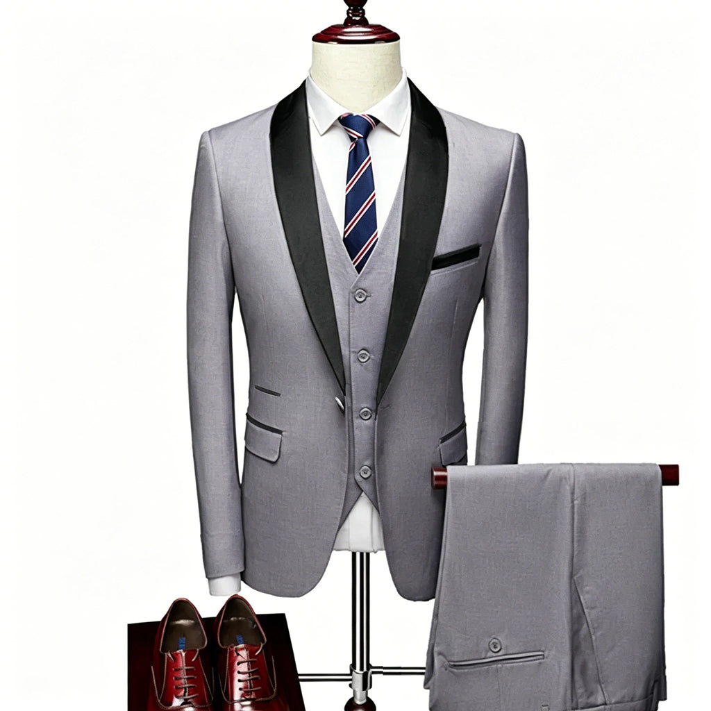 US Size XXS-3XL Men's 3 Piece Tuxedo Suit Set, Black Satin Shawl Lapel Slim Fit Blazer Vest Pants for Wedding Groom Party Prom
