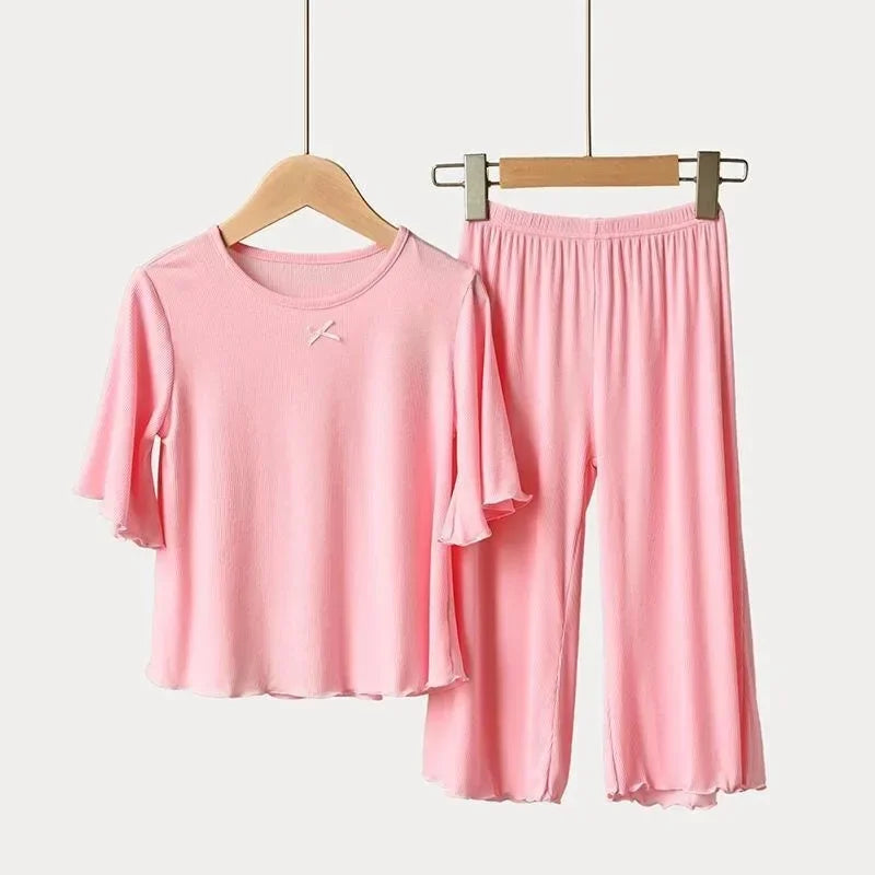 Sonkpuel Girls' 2-Piece Ice Silk Pajama Set - Short Sleeve Casual