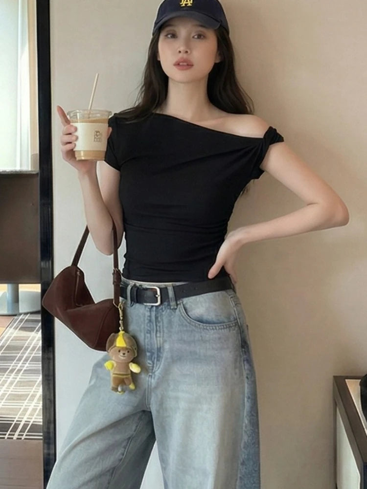 White Diagonal Shoulder Short Sleeve Crop Top 2026 Summer Solid Waist Pleated Women T-shirt Korean Style Minimalist Slim Tee
