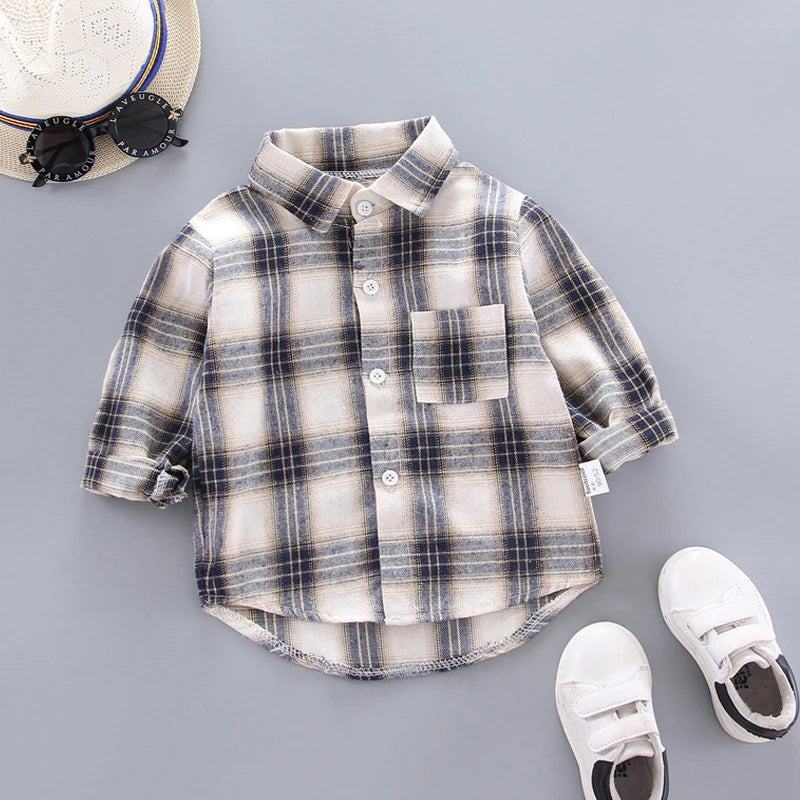 Ienens Kids Plaid Long Sleeve Shirt - Cotton Blend Preppy Style