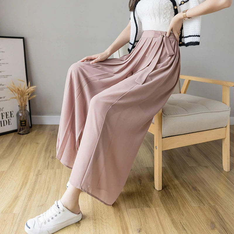 Summer Elastic Pleated Skirt Women Chiffon Trouser Skirt High Waist Casual Wide Leg Pants Fashion Streetwear Pants Pantalones