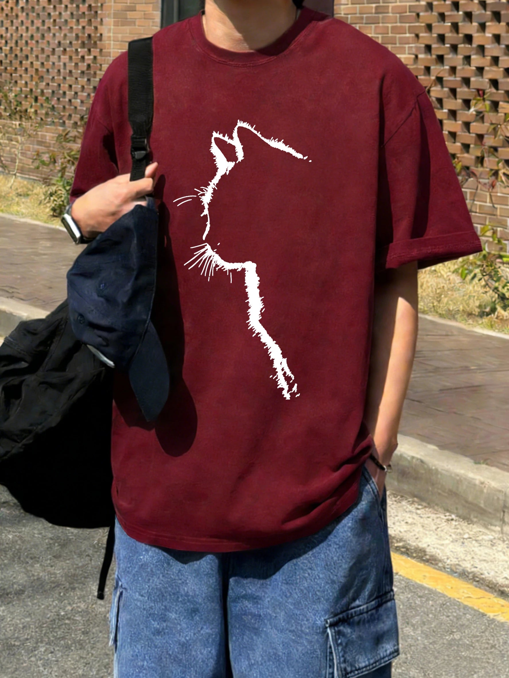 Cat Silhouette Men's T Shirt Ultra Breathable Cotton Summer T Shirt Oversized Loose Fit Vintage Style For Cat Lovers