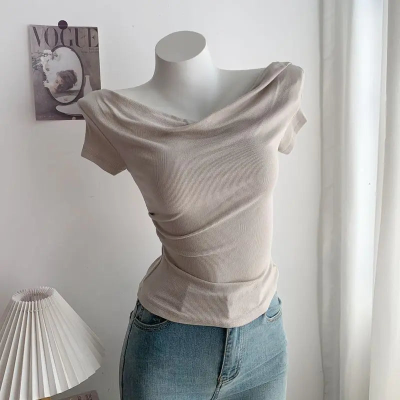 Summer Short Sleeve T-Shirt Shoulder Bared Open Neck Irregular Pleated Korean Style Slim Fit Pure Color Modal Fabric Ladies Top