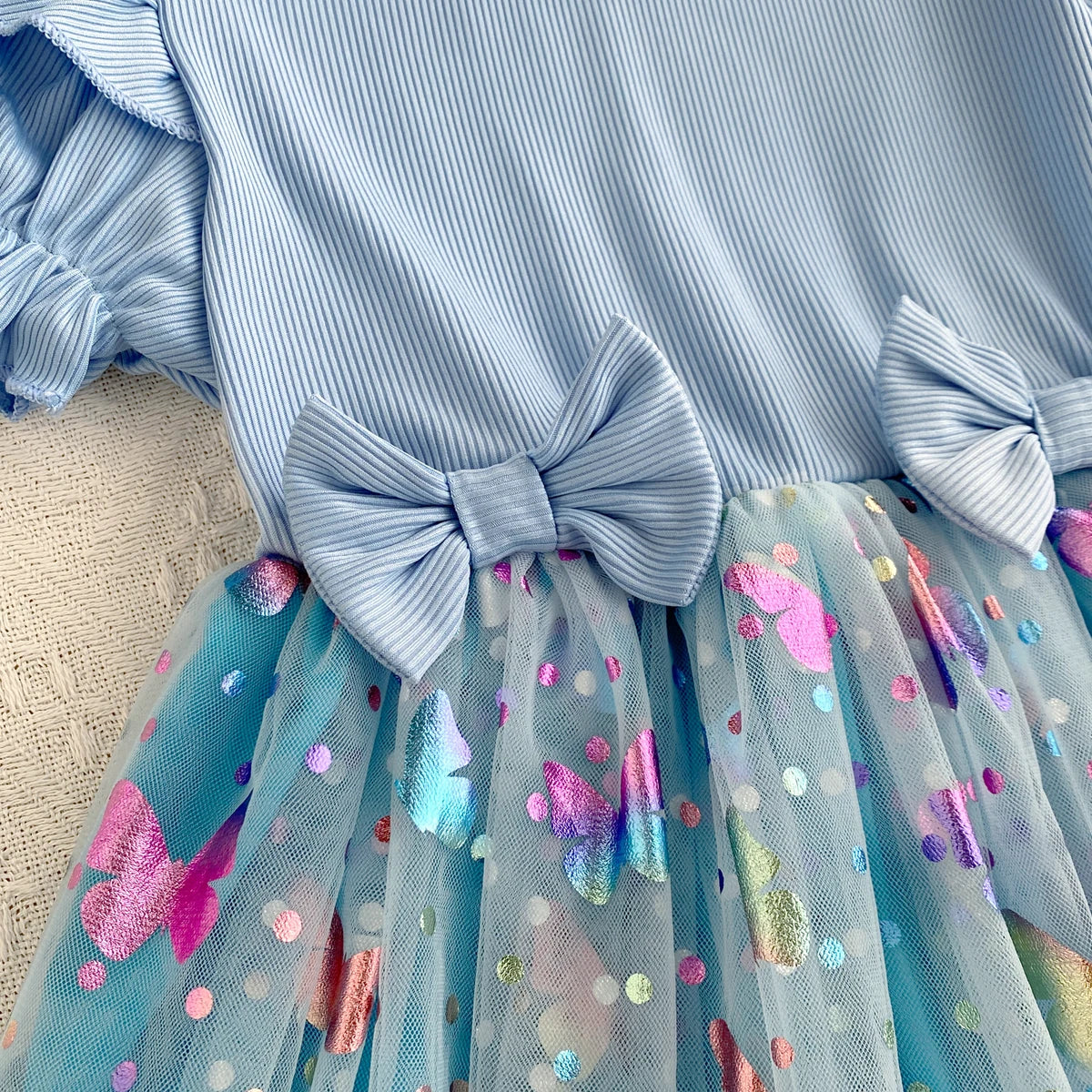 Round Neck Princess Dress Summer Knitted Patchwork Colored Butterfly Mesh Bubble Seeve Dress Girls Clothes