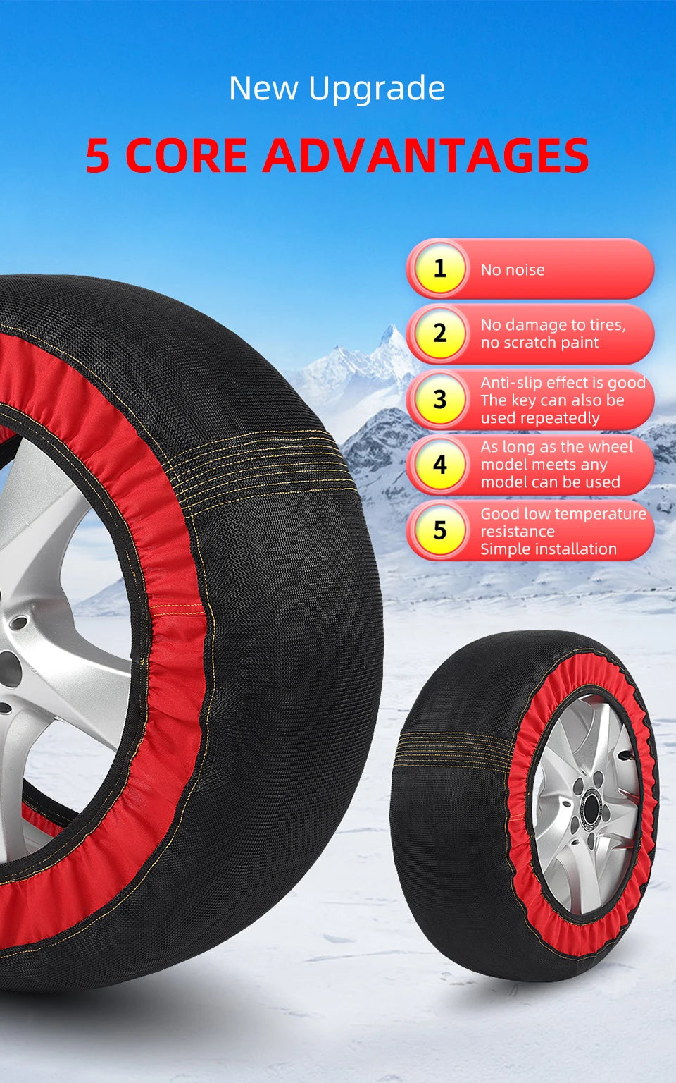 Car Red Black Anti Skiing Sock With High Resistance Fiber Anti Slip Silent Don't Damage Tire With Storage Bag & Gloves & Sleeves