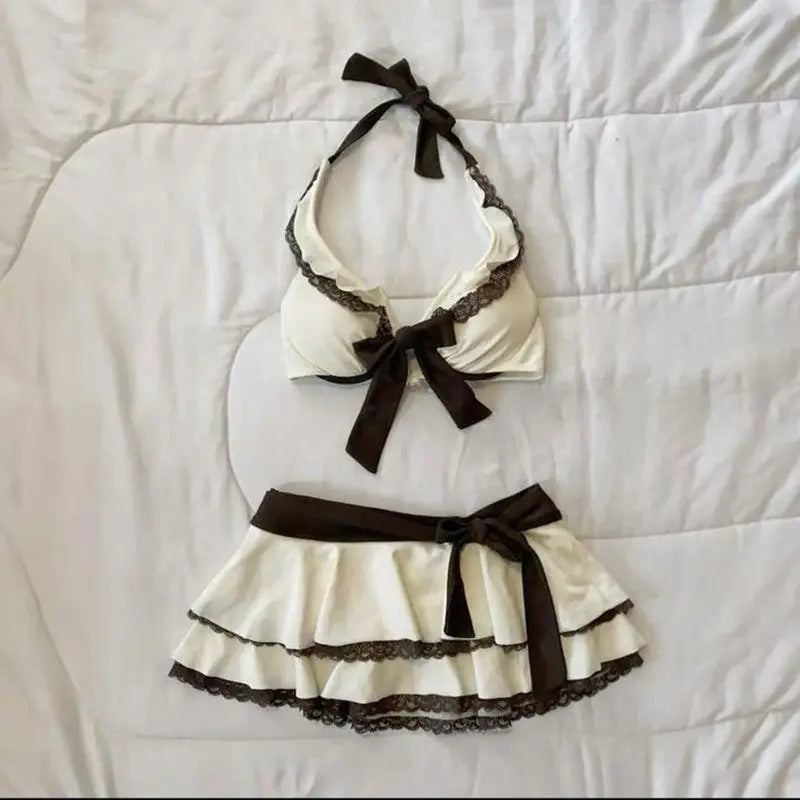 Summer New Pure Desire Sweet Wind Hanging Neck Strap Top Lace Splicing Half Skirt Set Bikini Swimsuit