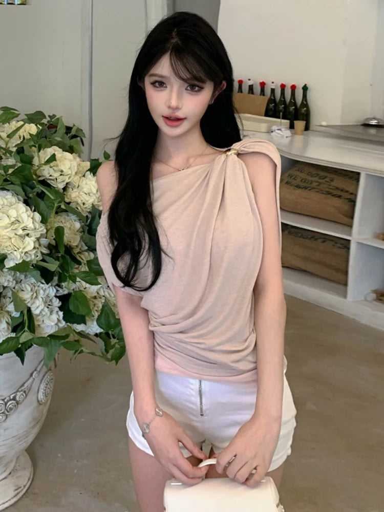 Sexy Slim Fit Metal Buckle Asymmetrical Shoulder Top Pleated Design Versatile Single Wear Tank Top Breathable Short Length