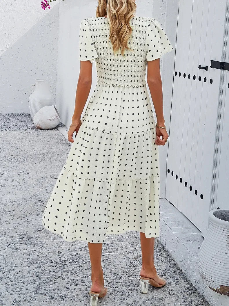 Summer Women's Casual Polka Dot Long Dress Vacation Boho Short Sleeve Solid V-neck Beach Sundress Elastic Waist Midi Dresses