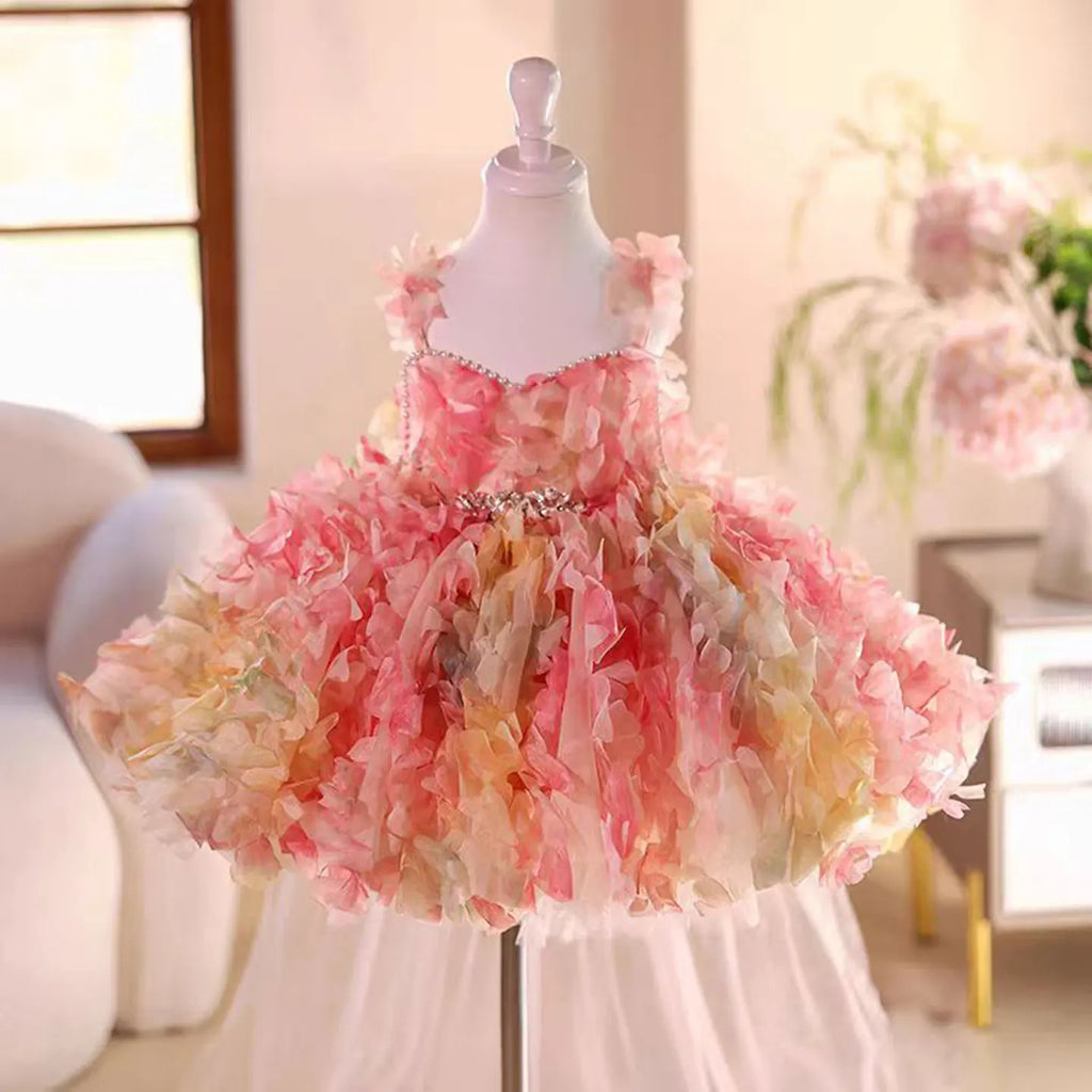 Dreamy Vow Elegant Cute Pearl Embellished Sling Tulle Pink Flower Girl Dress Wedding Holiday Party Knee-Length Ball Gown D084