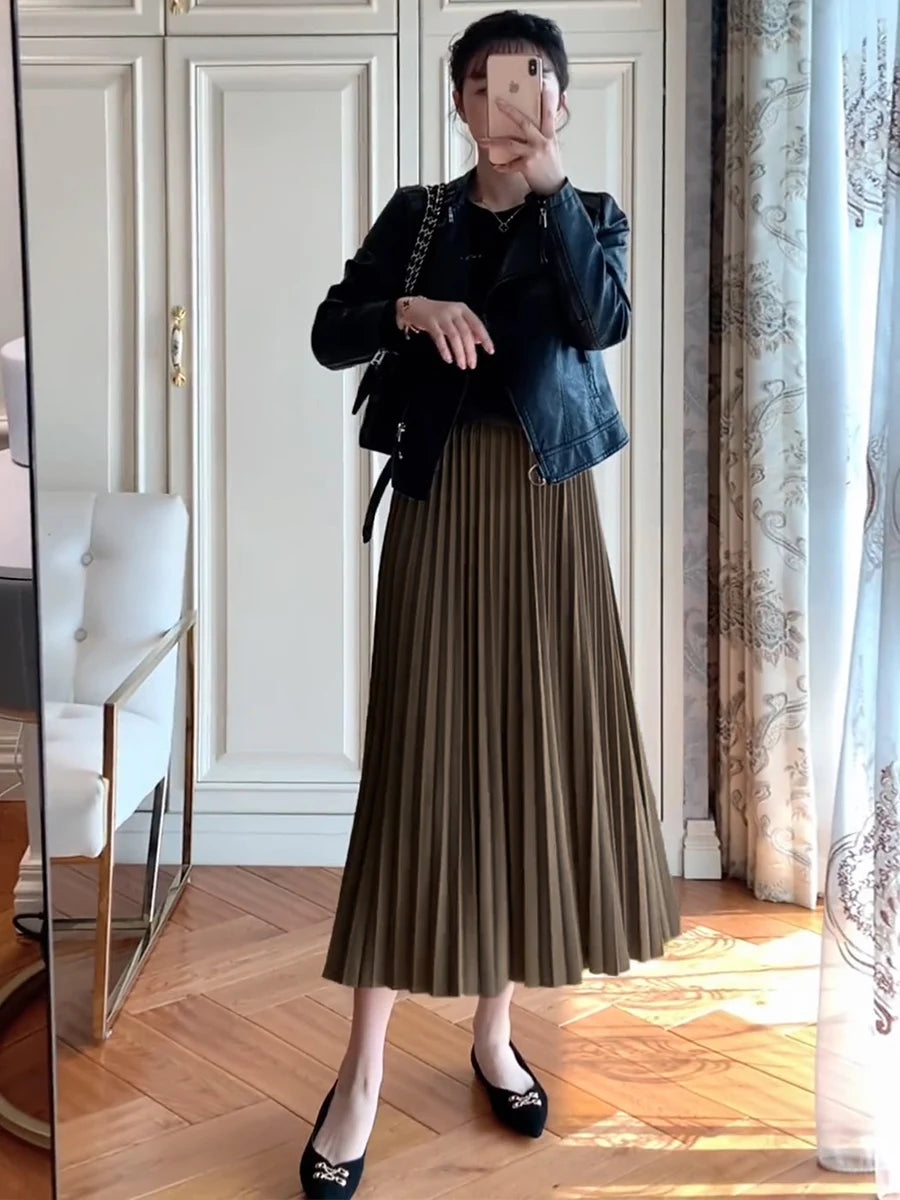 2026 Elegant High Waist Pleated Skirt for Women Mid-long Midi Skirt Female High Quality Black Saia