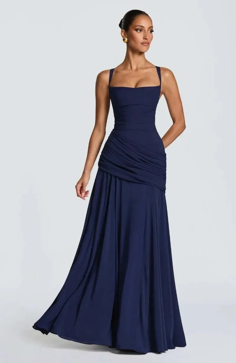 Elegant Strapless Ruched Maxi Dress Sexy Backless Lace Up Cinched Waist Slit Draped Bodycon Dresses Cocktail Party Evening Gown