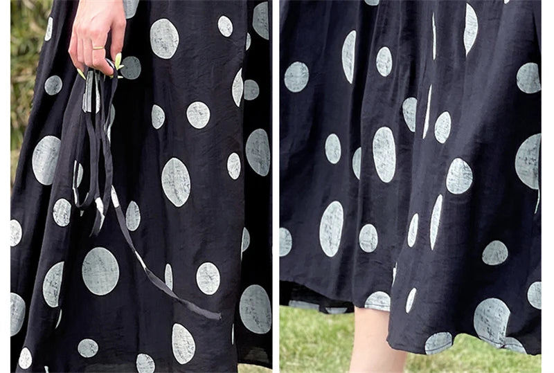 Summer Cotton Vintage Casual Loose Black Dresses For Women Short Sleeve Polka Dot Dress Femme Robe Vestidos Elegant Long Clothes